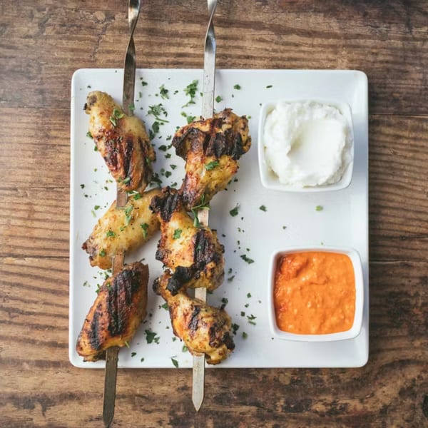 Two skewers of grilled chicken wings with white garlic sauce and orange chili sauce on a white plate.