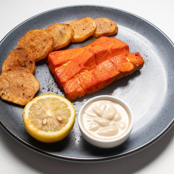 Balade's salmon dish with roasted potatoes, a lemon half, and a side of creamy sauce.